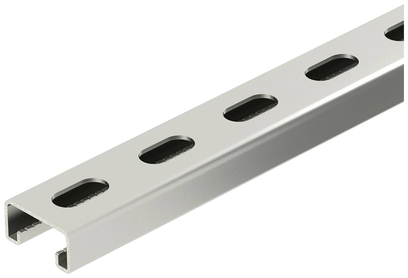 Ein langer, silberner Metallkanal mit ovalen Löchern entlang der Oberseite, häufig in Bauprojekten für Kabel- oder Rohrleitungen eingesetzt.