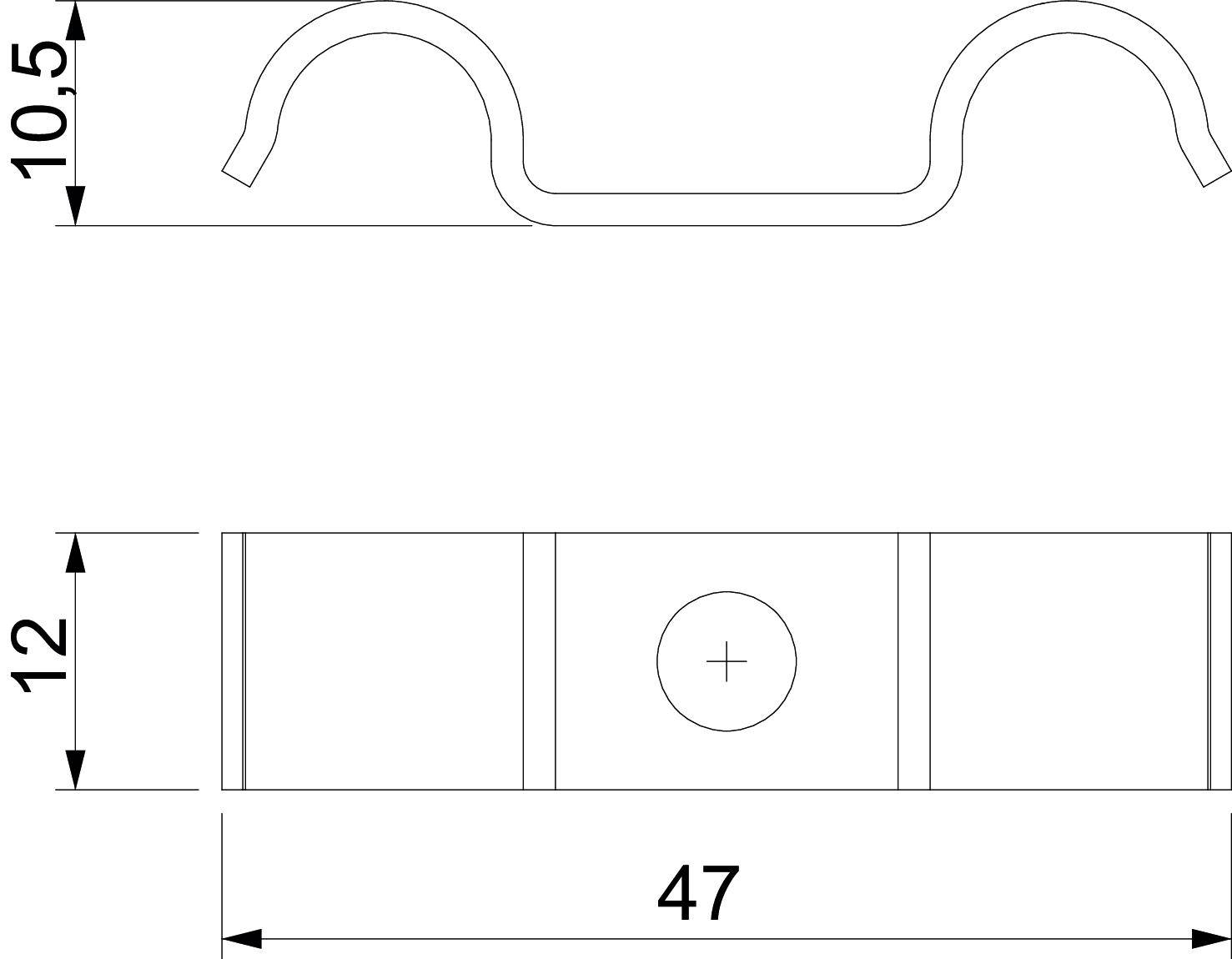 Technische Zeichnung eines U-förmigen Metallbügels mit den Maßen: Höhe 10,5, Breite 47, und einer weiteren Höhe von 12.