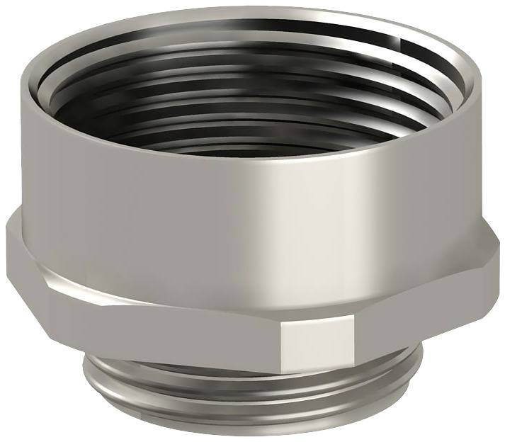 Metallbeschlag mit Außengewinde, zylindrische Form. Oberseite offen, untere Kante angefasst. Eignet sich zum Verbinden von Rohren.