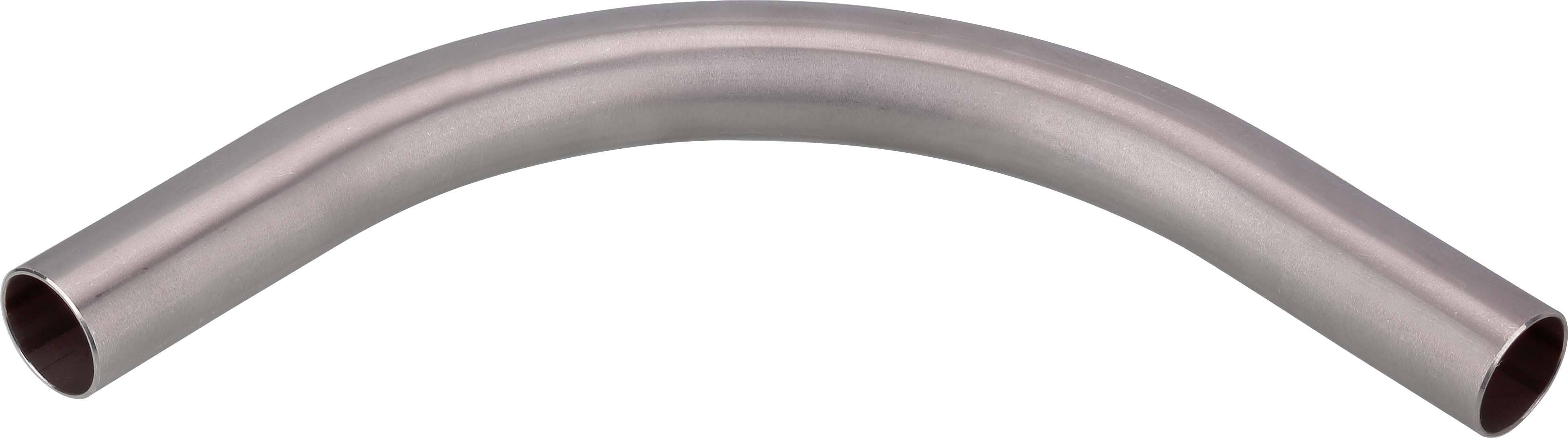 Metallrohr mit einer glatten, gebogenen Form, ungefähr in einem 90-Grad-Winkel, auf weißem Hintergrund.