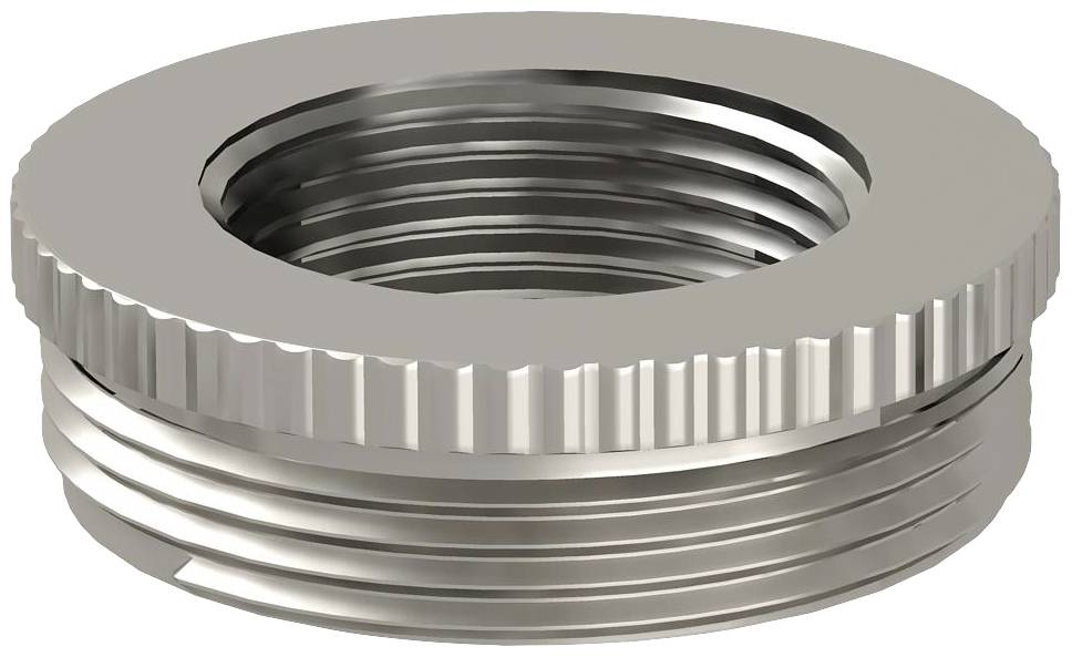 Metallisches Gewindeteil mit einer geriffelten Oberfläche zur leichteren Drehung, möglicherweise ein Adapter oder Verschluss.