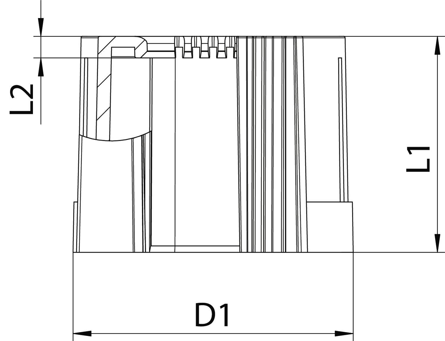 Technische Zeichnung eines Teils mit markierten Maßen L1, L2 und D1, zeigt detaillierte Querschnittsansicht verschiedener Komponenten.