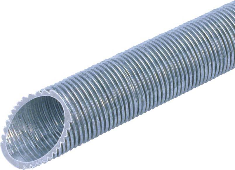 Ein flexibles, silbernes Metallrohr mit geriffelter Oberfläche, das sich für elektrische Kabelinstallationen eignet.
