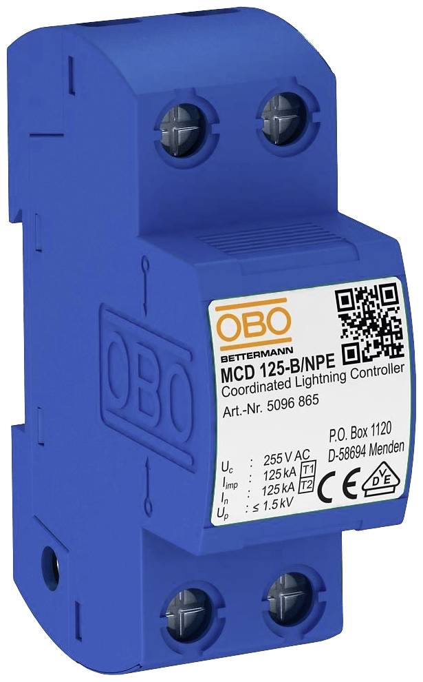Blauer Blitzstromableiter von OBO Bettermann, Modell MCD 125-B/NPE, geeignet für Schutz vor Überspannungen bis 125 kA.