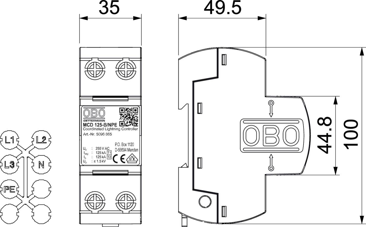Technische Zeichnung eines Überspannungsableiters mit Abmessungen: Breite 35 mm, Tiefe 49,5 mm, Höhe 100 mm, Modell OBO MCD 125-B/NPE.