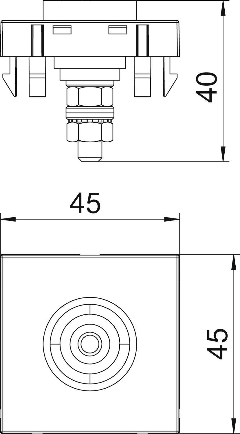 Technische Zeichnung eines quadratischen Schalters mit Maßen: 45 mm Breite, 40 mm Höhe. Draufsicht zeigt zentrale Schraube.