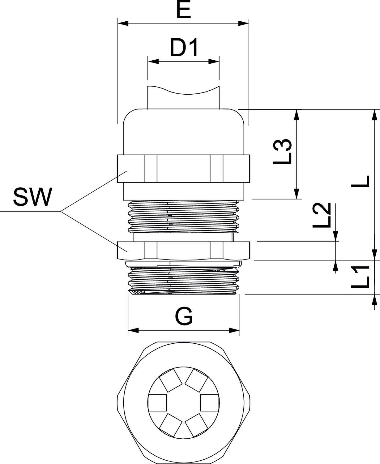 Technische Zeichnung eines Verbindungssteckers mit metrischen Maßen. Schlüsselweite (SW), Gewinde (G) und Längen (L, L1, L2, L3) sind angegeben.