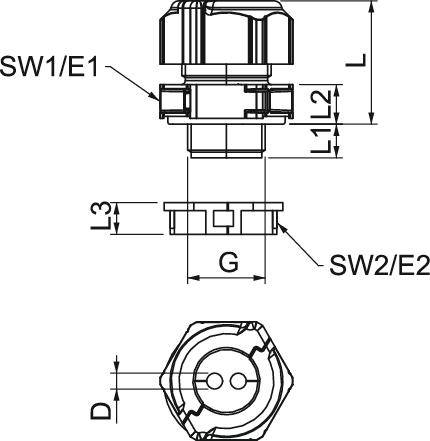 Technische Zeichnung eines runden Verbindungssteckers mit Maßen: SW1/E1, SW2/E2, L, L1, L2, L3, G, D. Draufsicht und Seitenansicht.