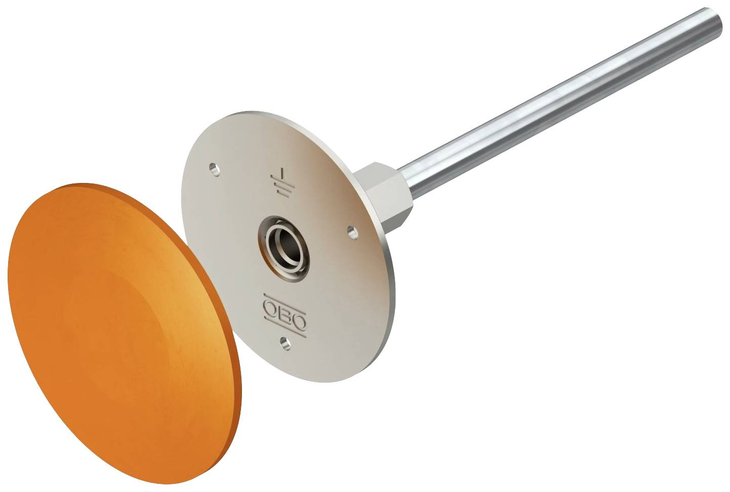 Metallgerät mit langem Stiel und runder orangefarbener Scheibe, möglicherweise ein Werkzeug oder Instrument.