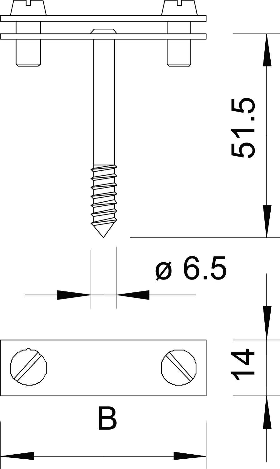 Technische Zeichnung eines Schraubbefestigungssystems. Maße: Höhe 51,5 mm, Bohrungsdurchmesser 6,5 mm, Breite 14 mm.