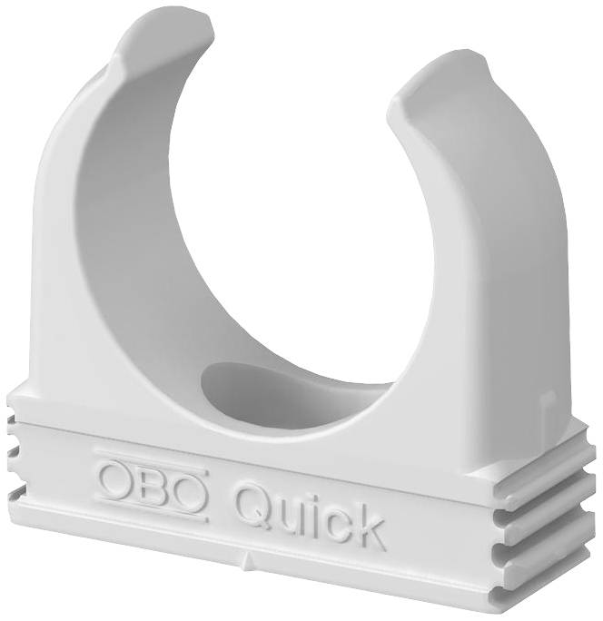 Eine weiße Kunststoffschelle mit der Aufschrift 'OBO Quick', die zur Befestigung von Rohren oder Kabeln dient.