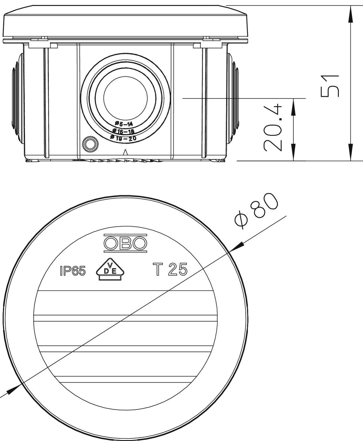 Technische Zeichnung eines IP65-Gehäuses, Maße 80 mm Durchmesser, 51 mm Höhe. Markierung: OBO, T 25, VDE-Zeichen.