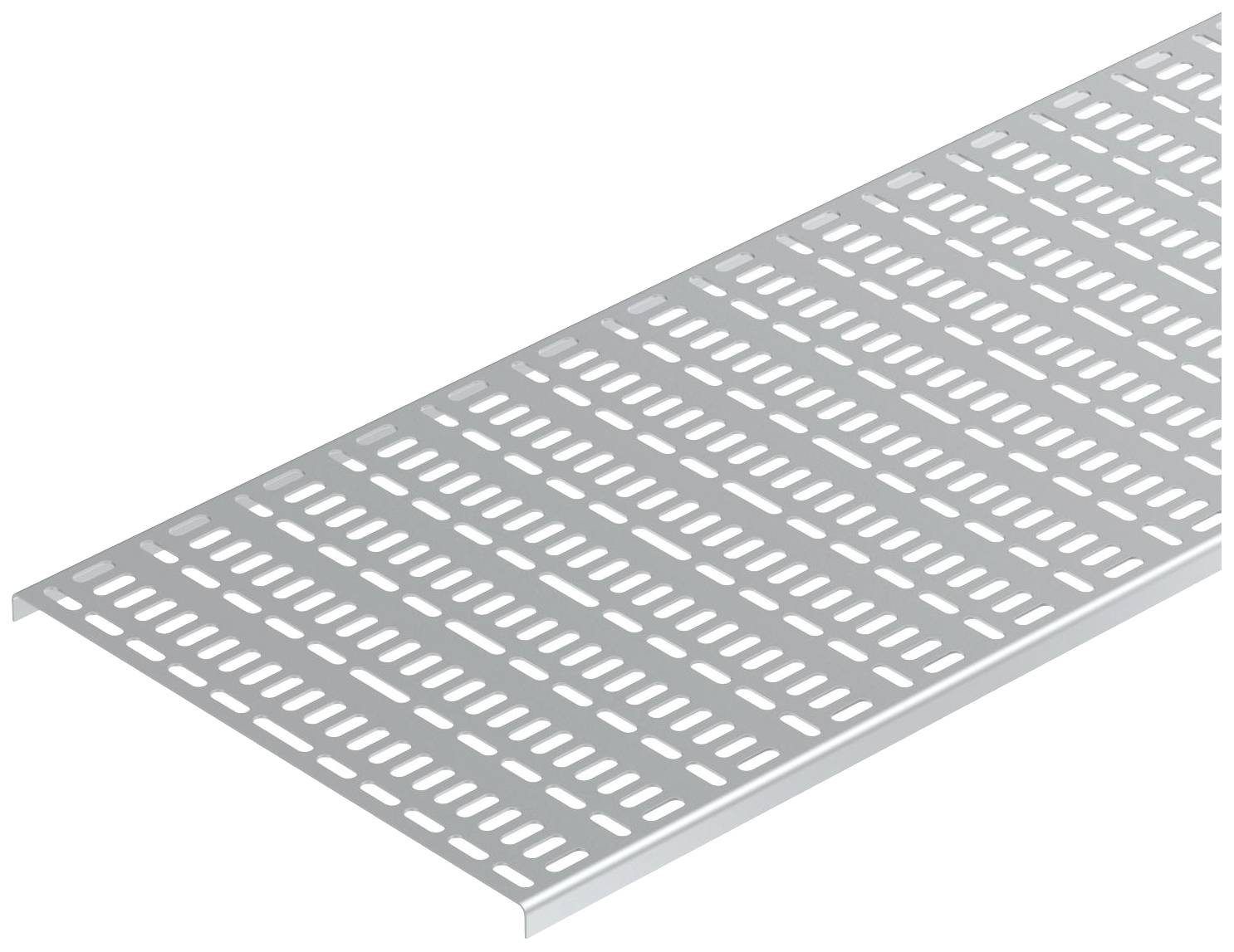 Ein rechteckiges Metallgitter mit gleichmäßigen, länglichen Öffnungen, das als robuste Gehfläche verwendet wird.