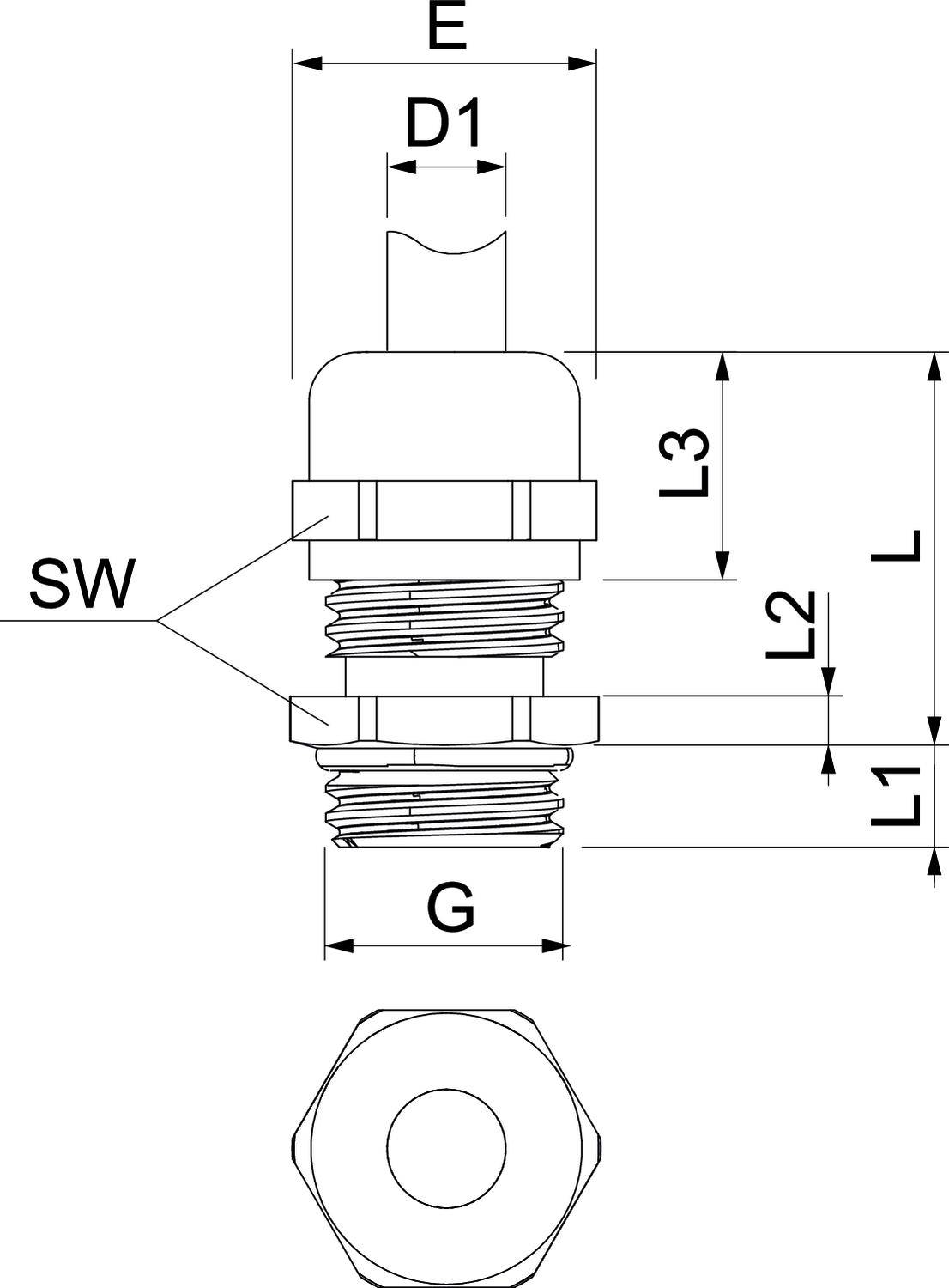 Technische Zeichnung eines Steckverbinders mit Abmessungen: E, D1, L3, L2, L1 und G. Zeigt eine seitliche und obere Ansicht mit Gewinde und Sechskant.