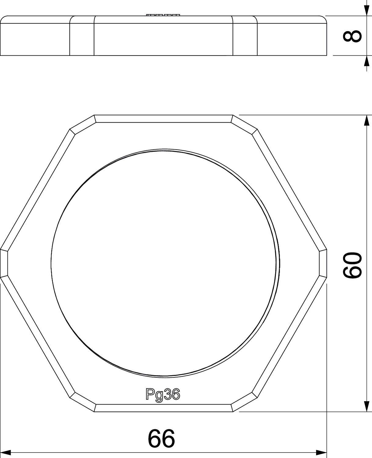 Technische Zeichnung eines achteckigen Objekts mit Innenkreis. Maßangaben: Höhe 8 mm, Breite 66 mm, Höhe 60 mm, Beschriftung 'Pg36'.