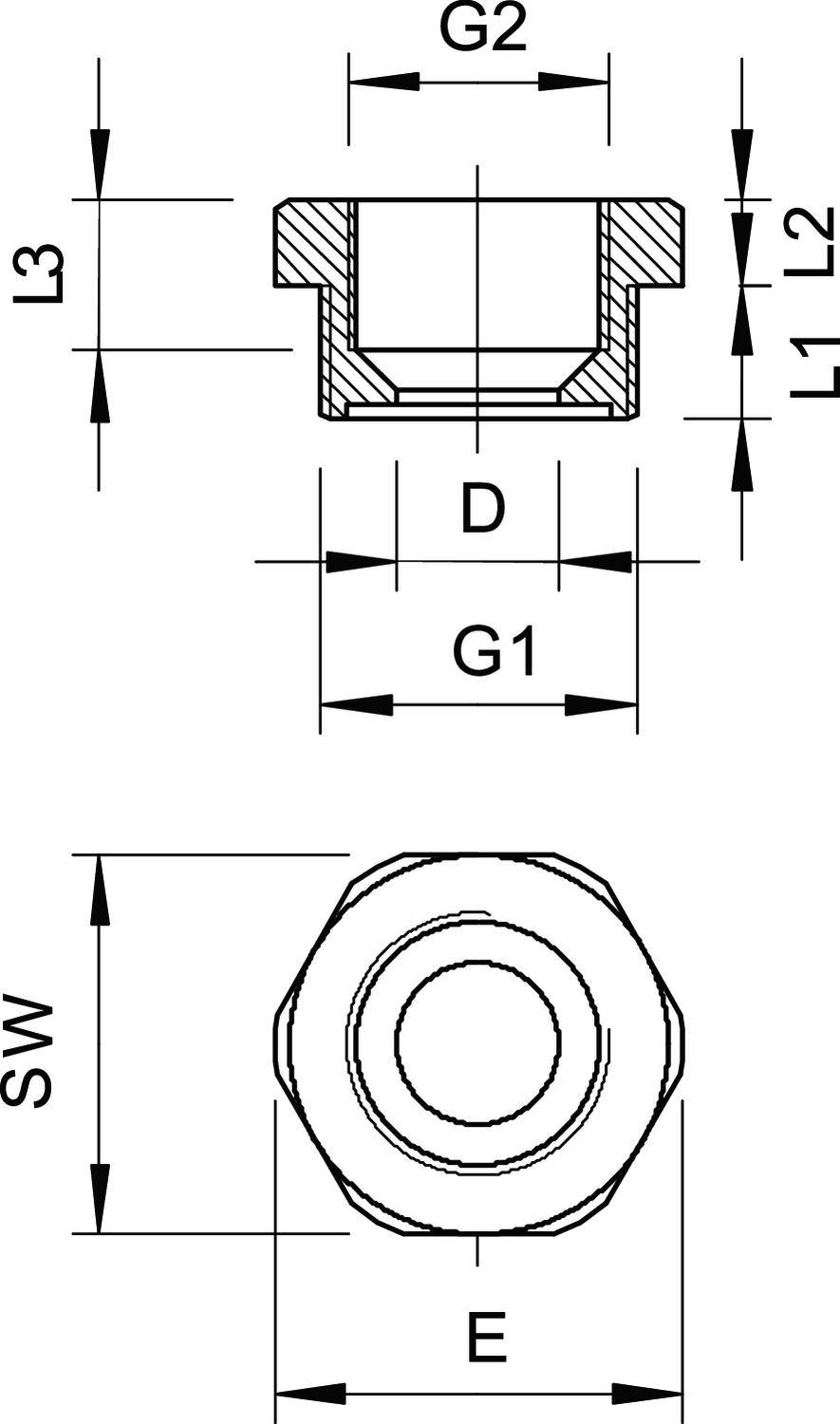 Technische Zeichnung einer Schraubenmutter. Zeigt Draufsicht und Querschnitt mit Beschriftung der Maße G2, L2, L3, D, G1, SW, E.