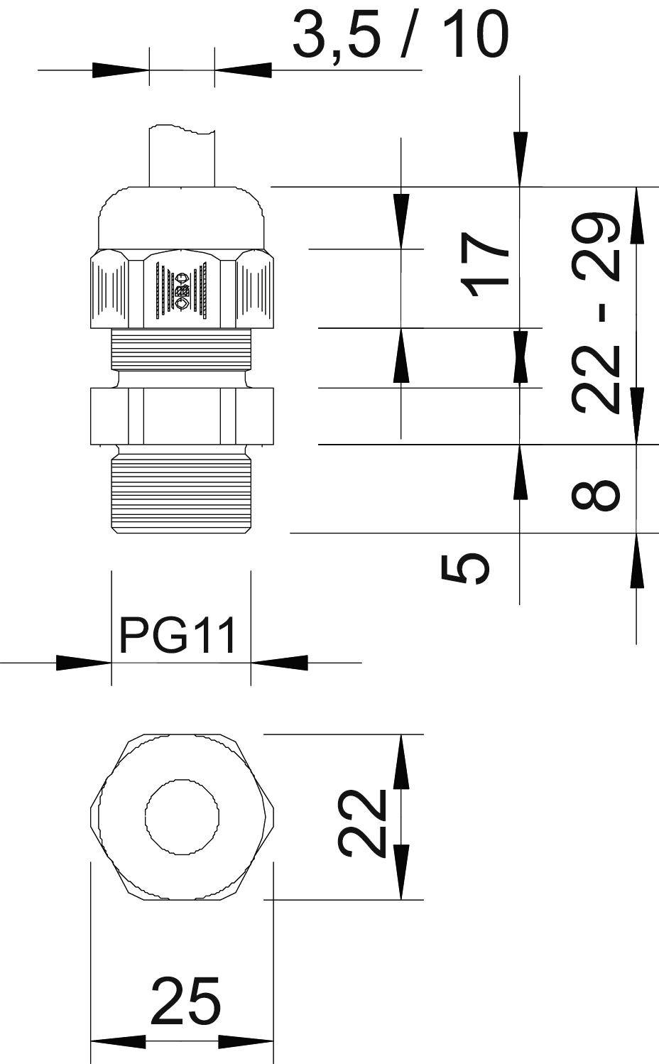 Technische Zeichnung eines Verbindungselements mit Maßen: Höhe 17 mm, Durchmesser 22 mm, Breite oben 25 mm, Anschluss PG11.