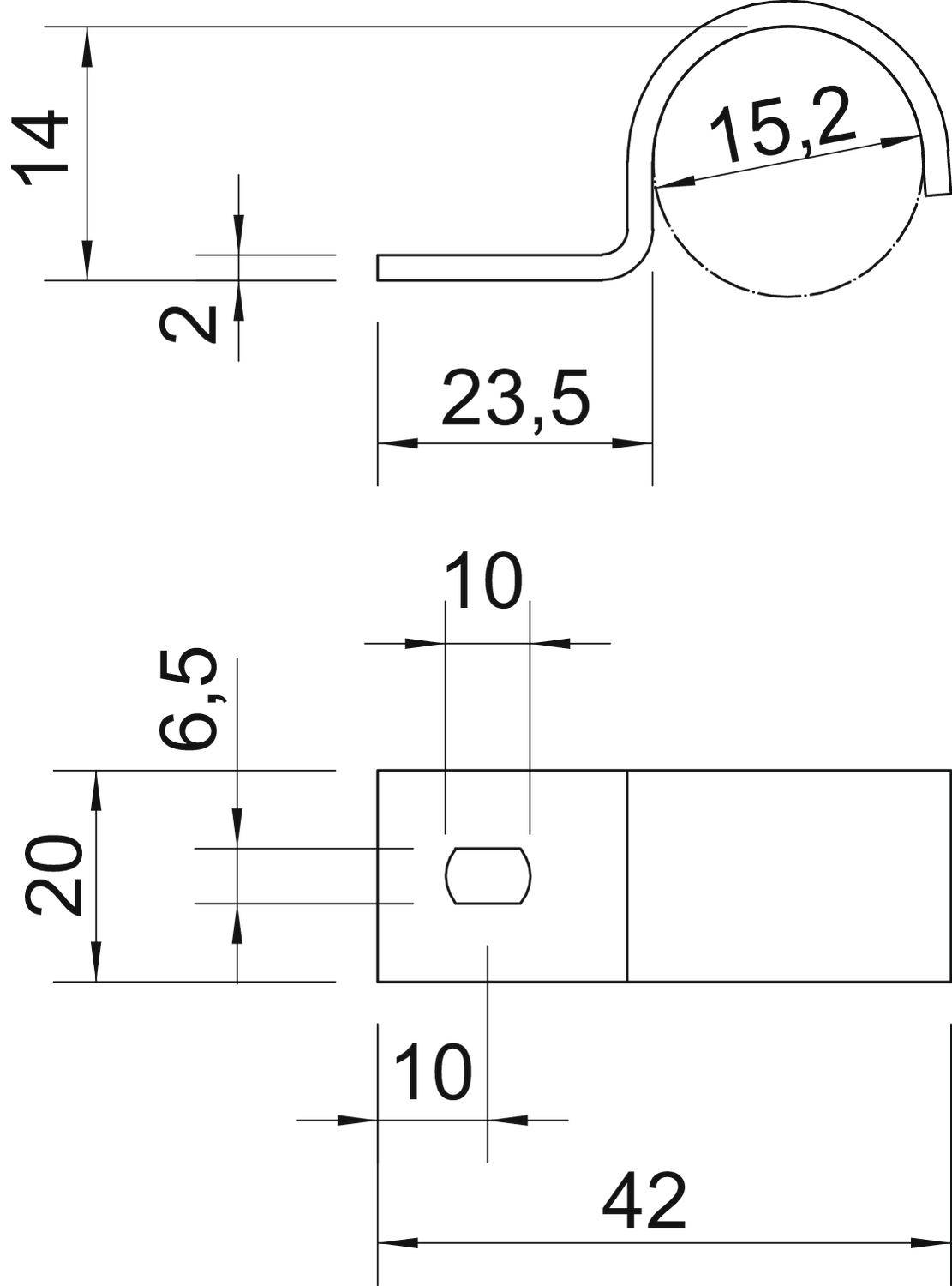Technische Zeichnung eines Metallclips mit Bemaßungen: oben 14 mm, Breite 20 mm, Länge 42 mm, Durchmesser 15,2 mm.