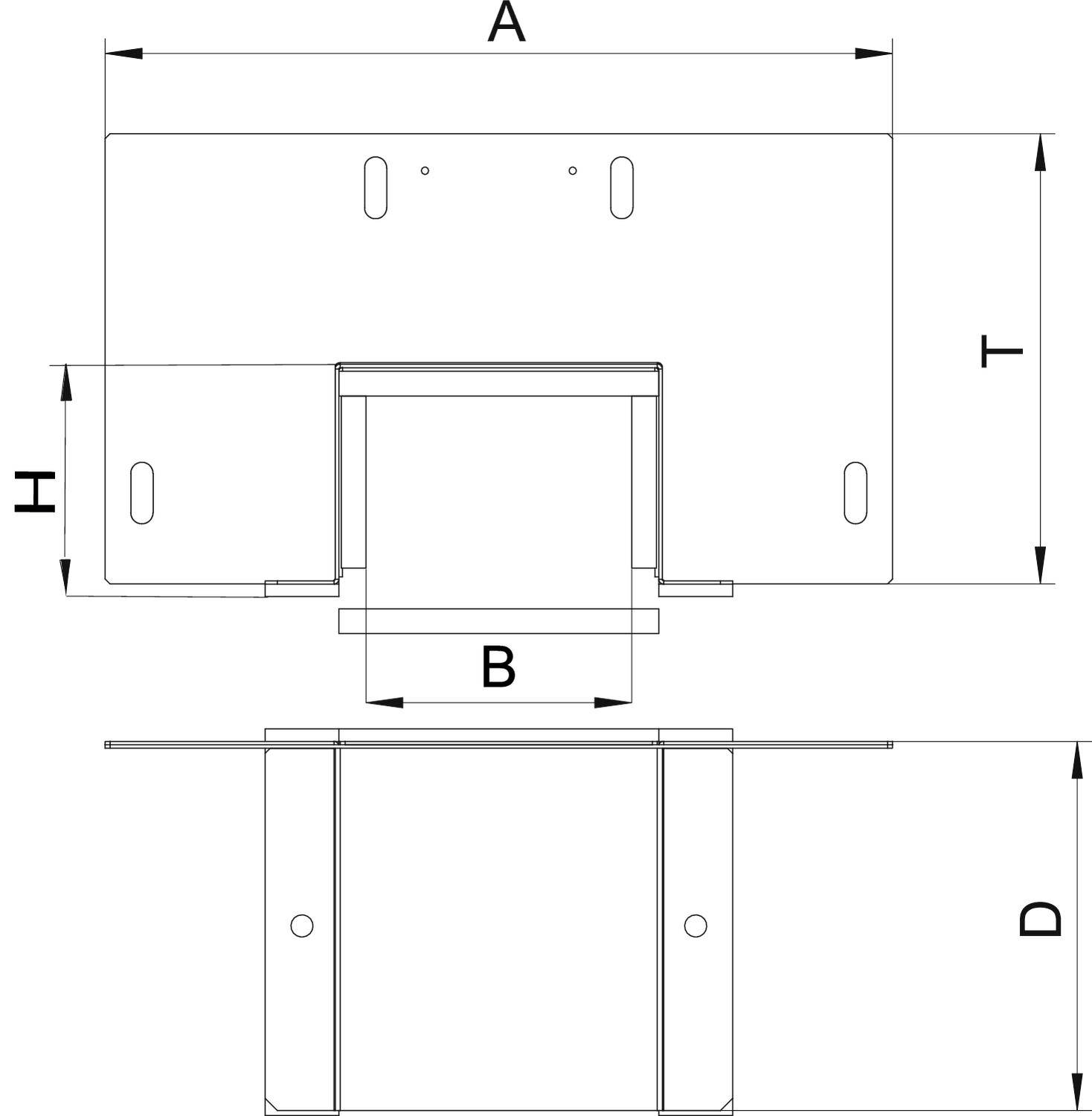 Technische Zeichnung einer rechteckigen Metallhalterung mit beschrifteten Maßen: Breite (A), Höhe (H), Tiefe (D), innere Breite (B) und Gesamthöhe (T).