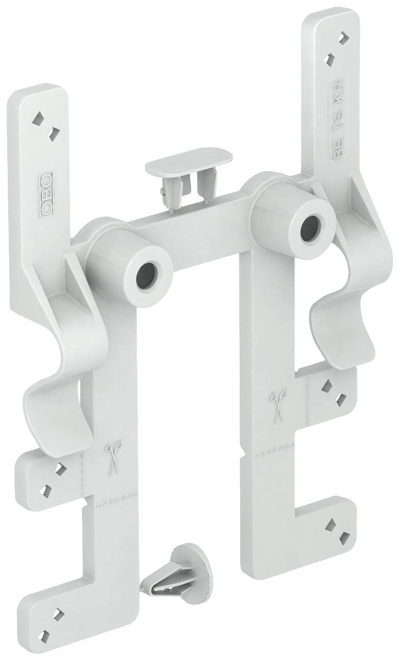 Graue Kabelklemme aus Kunststoff zur Befestigung an Wänden oder Decken. Horizontal verstellbare Arme und Schraubenlöcher an den Enden.