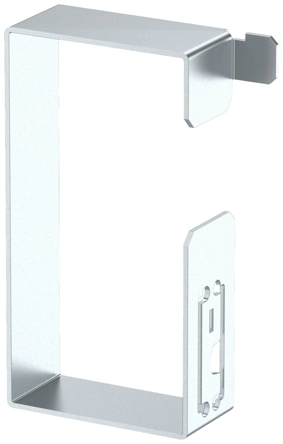 Metallhalterung in C-Form mit Haken und Aussparung, geeignet zur Montage an Wänden oder anderen Oberflächen.