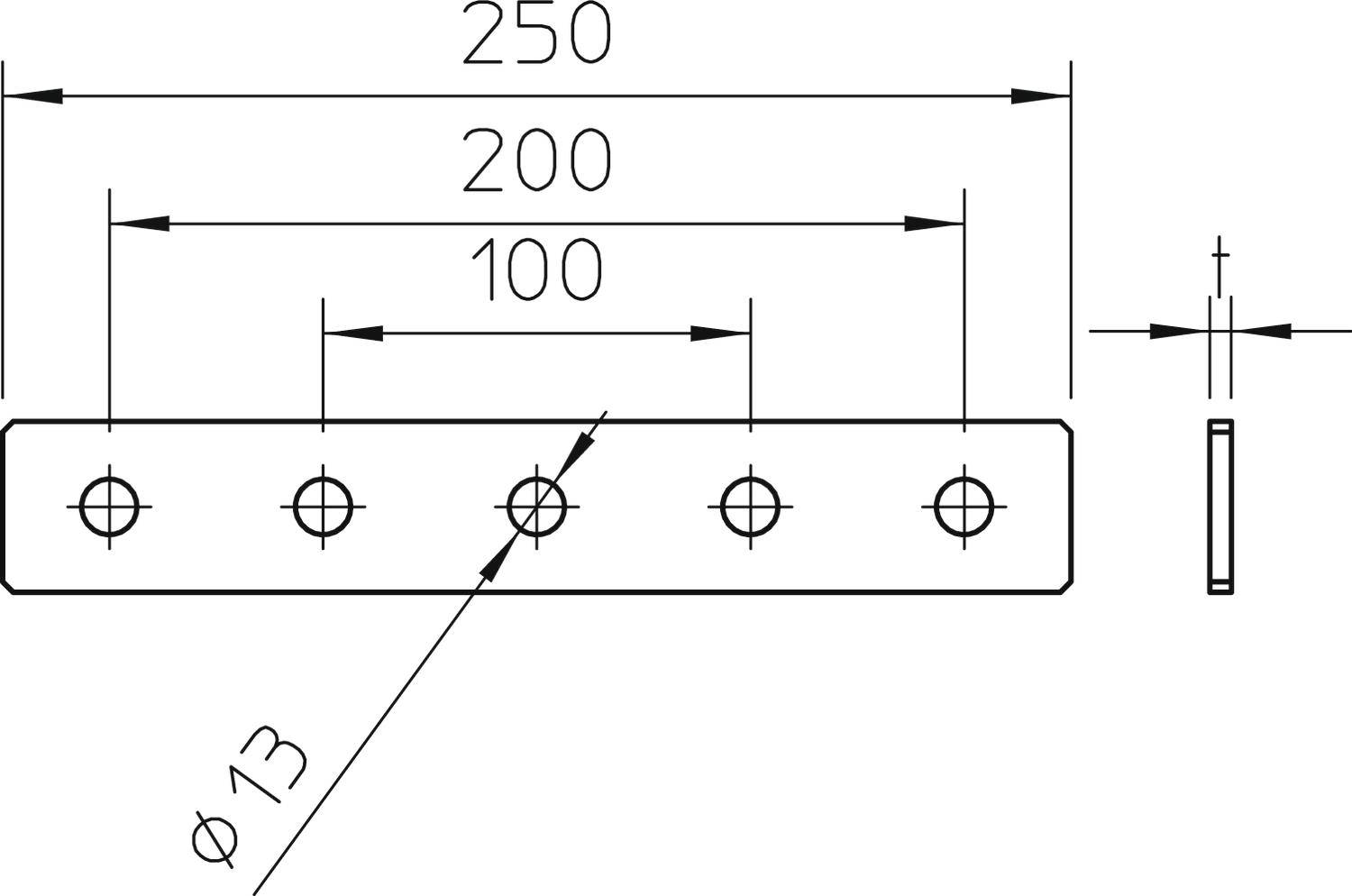 Technische Zeichnung eines rechteckigen Metallstücks mit fünf Löchern. Maße: 250 mm Länge, mit Löchern im Abstand von 100 mm, Durchmesser 13 mm.