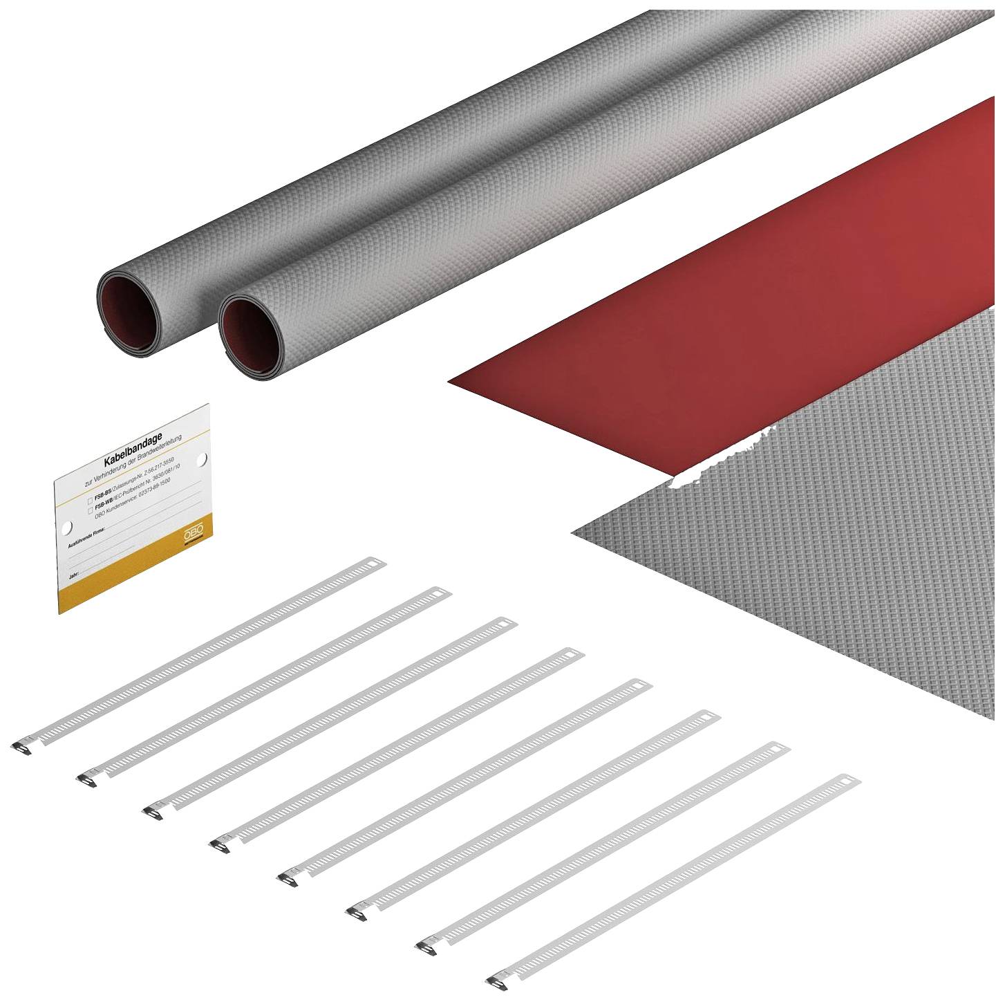 Bausatz für Fliegenschutz: Zwei graue Rollen, ein rotes Netz, ein Montagewerkzeug und neun weiße Streifen für Fensterinstallationen.