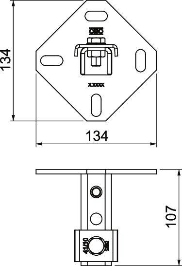 Technische Zeichnung eines quadratischen Metallverbinders mit Abmessungen 134x134 mm, darunter Seitenansicht mit Höhe 107 mm.