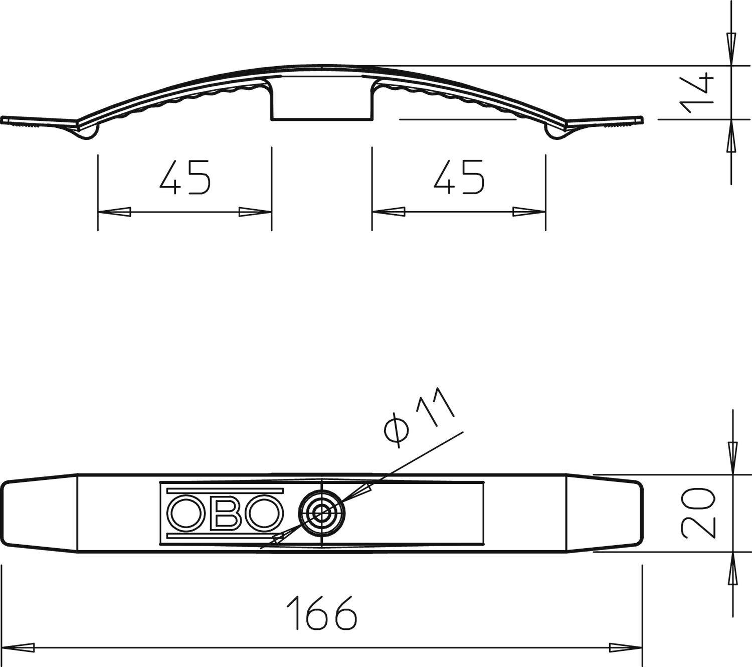 Technische Zeichnung eines Bauteils mit Abmessungen: 166 mm lang, 20 mm hoch, 14 mm nutzbare Höhe, 45 mm Abstand im oberen Bereich.