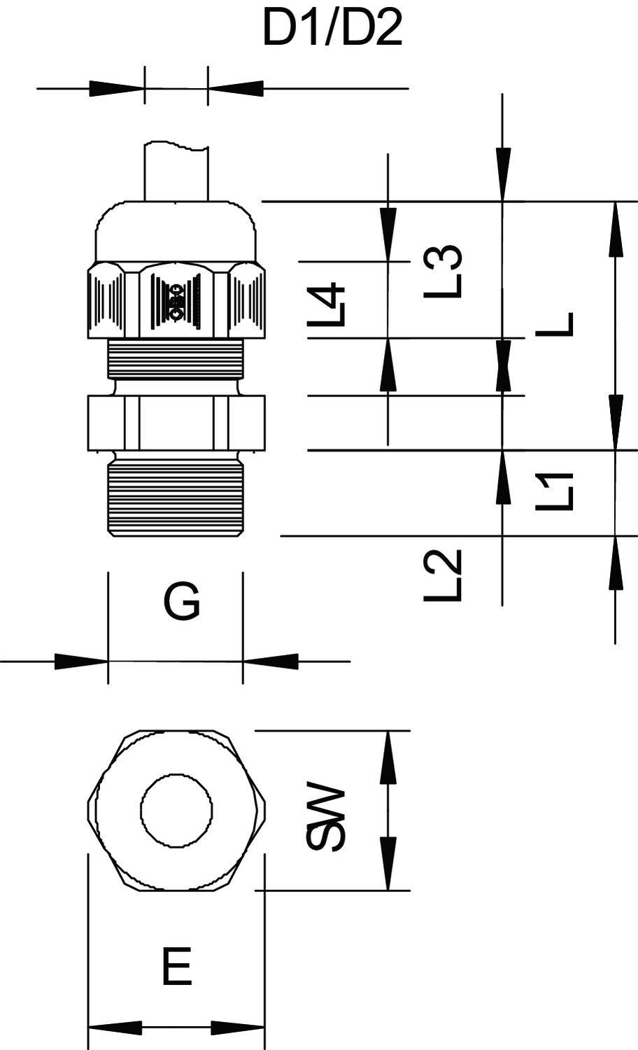 Technische Zeichnung eines Verschraubungssystems mit Maßen: D1/D2, L, L1, L2, L3, L4, G, SW, E. Vorder- und Seitenansicht.