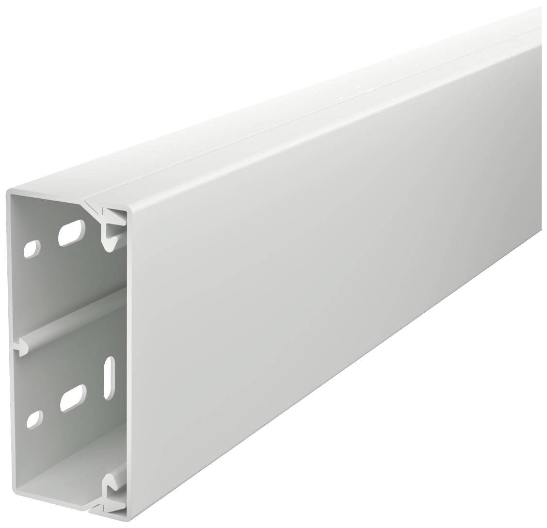 Eine graue Kabelkanalabdeckung aus Kunststoff, rechteckig mit abgerundeten Kanten, zur sicheren Führung von Kabeln in Gebäuden.