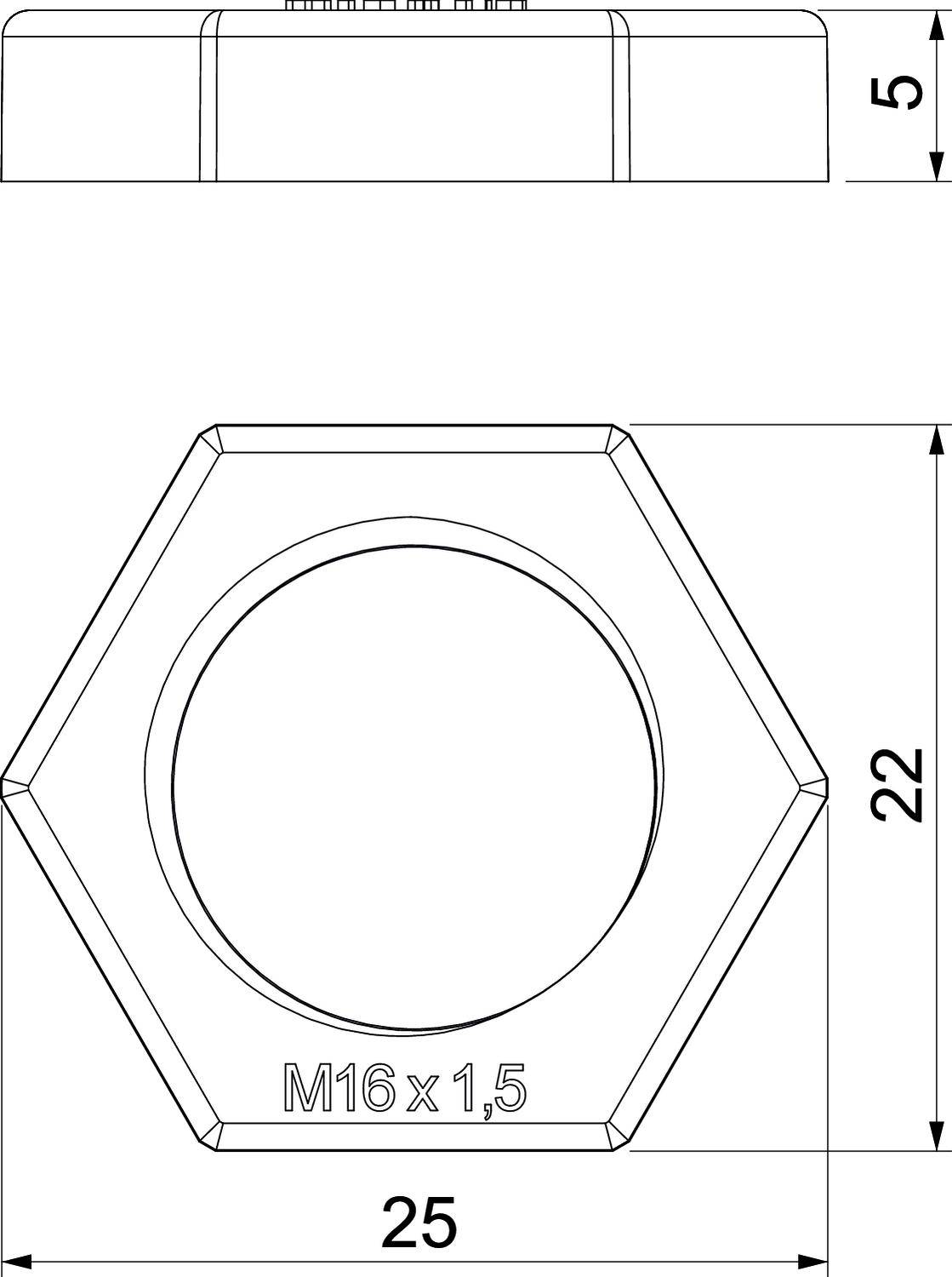 Sechskantmutter Zeichnung, Maße: 25 mm Breite, 22 mm Höhe, M16 x 1,5 Gewinde. Seitenansicht zeigt 5 mm Dicke.