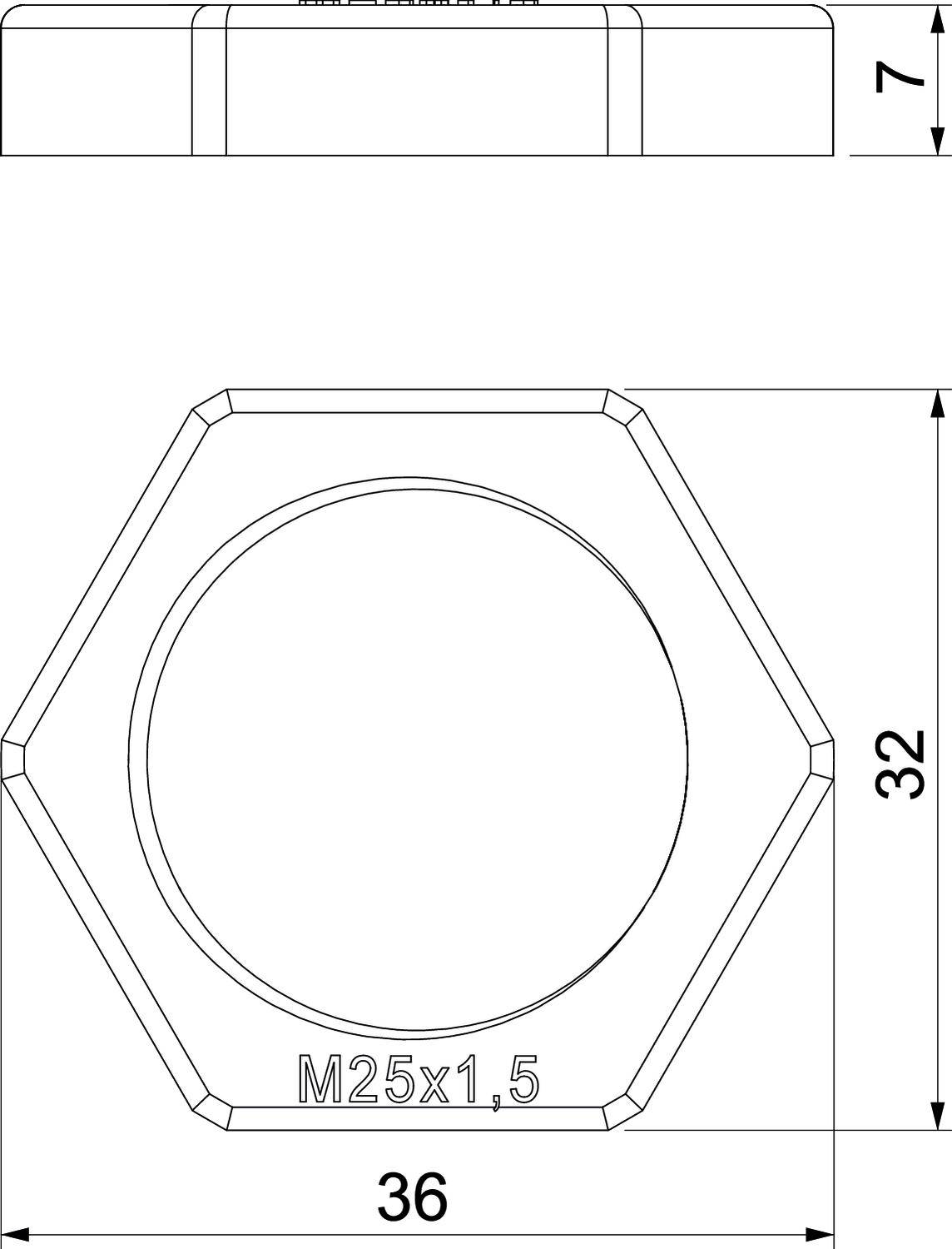 Hexagonale Mutter Oberansicht mit 'M25x1,5' Beschriftung, 36 mm Breite, 32 mm Höhe, und seitlicher Ansicht von 7 mm Höhe.