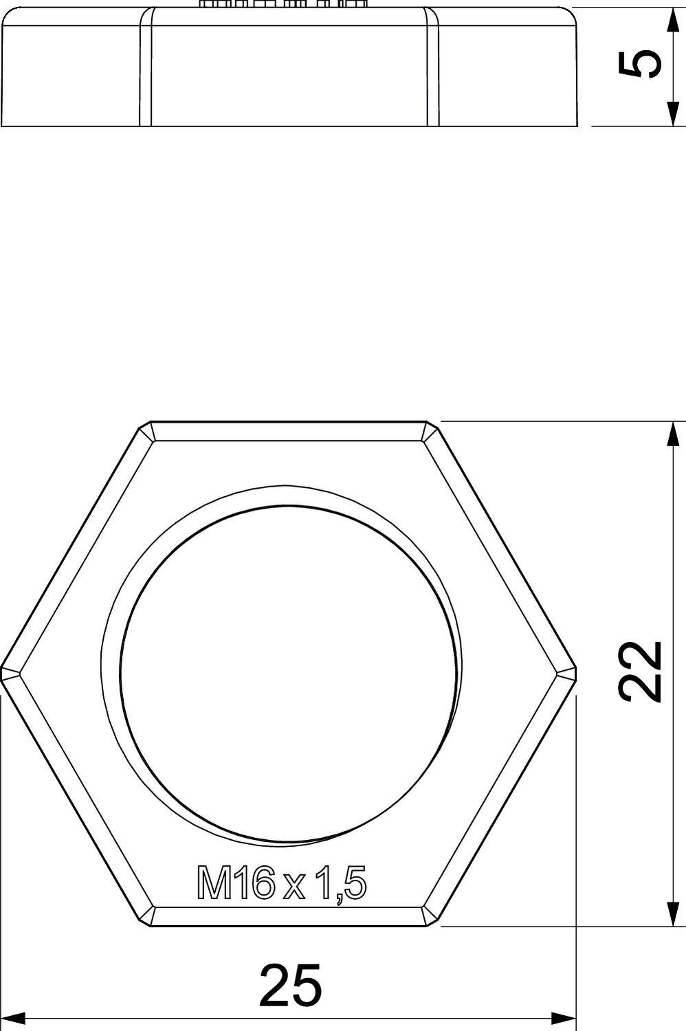 Technische Zeichnung einer sechseckigen Mutter, M16x1,5. Oben Ansicht der Seite mit Höhe von 5 mm, unten Draufsicht mit Breite 25 mm.