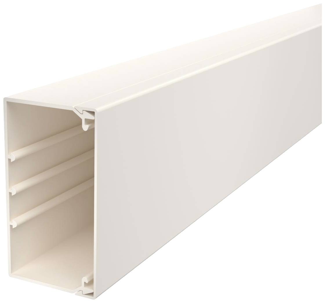 Das Bild zeigt einen rechteckigen Kabelkanal aus weißem Kunststoff, der für die geordnete Verlegung und den Schutz von Kabeln verwendet wird.