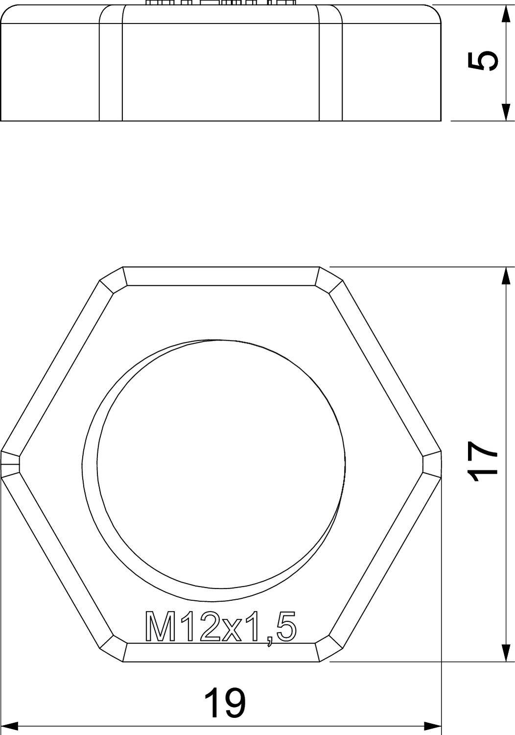 Technische Zeichnung einer Sechskantmutter M12x1,5. Maße: 19 mm Breite, 17 mm Innendurchmesser, 5 mm Höhe. Oben und Seitenansicht.