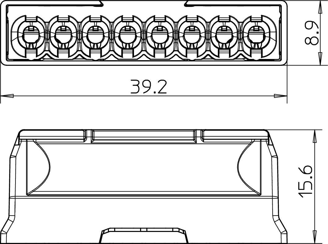 Technische Zeichnung eines rechteckigen Steckverbinders mit acht kreisförmigen Pins, Maßen: Länge 39,2 mm, Höhe 8,9 mm und 15,6 mm.