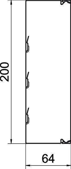 Technische Zeichnung eines rechteckigen Bauteils mit den Maßen 200 x 64 und mehreren Befestigungspunkten an den langen Seiten.