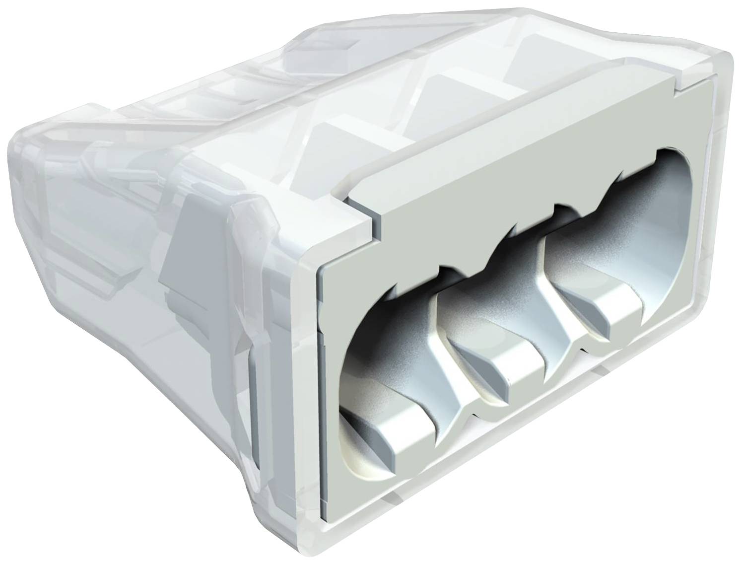 Ein transparenter dreipoliger Steckverbinder für elektrische Anwendungen, in einer weißen Kunststofffassung.