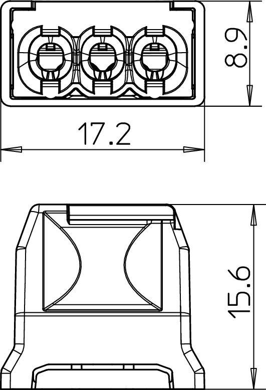 Technische Zeichnung eines Steckverbinders mit Maßen: Breite 17,2 mm, Höhe 8,9 mm, Gesamtansicht zeigt auch eine andere Perspektive.