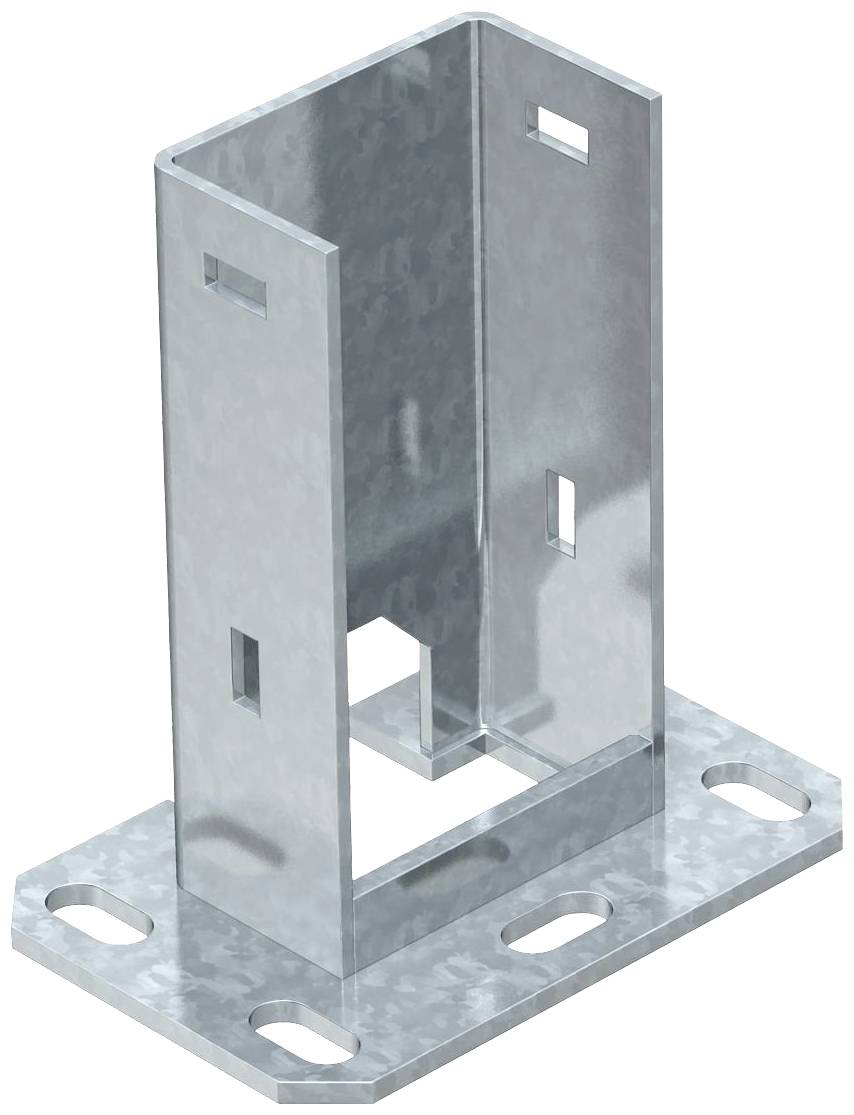 Metallhalterung mit rechteckiger Hohlform, montiert auf einer rechteckigen Basisplatte mit vier Befestigungslöchern.