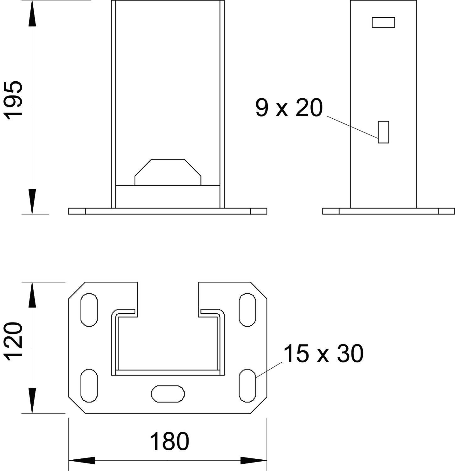 Technische Zeichnung zeigt zwei Ansichten eines Metallprofils mit Maßen: Höhe 195, Breite 180, Tiefe 120. Details: Löcher 9 x 20, 15 x 30.