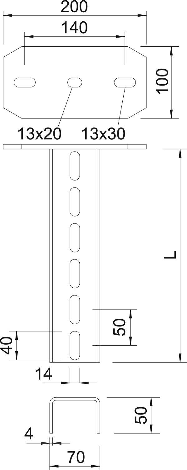 Schema einer Metallhalterung mit mehreren Maßen: 200x140 mm oben, Länge L, Breite 70 mm unten. Details für Schlitze sind 13x20 und 13x30 mm.