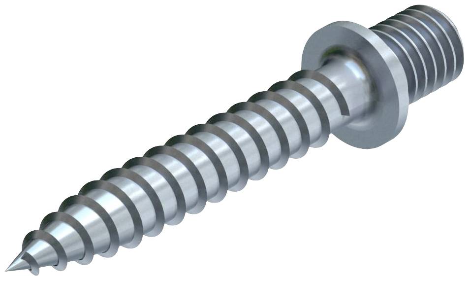 Schraube mit spitzem Ende und Gewinde zeigt nach links. Sie hat einen glatten Kopf und ein geriffeltes Muster entlang des Schafts.
