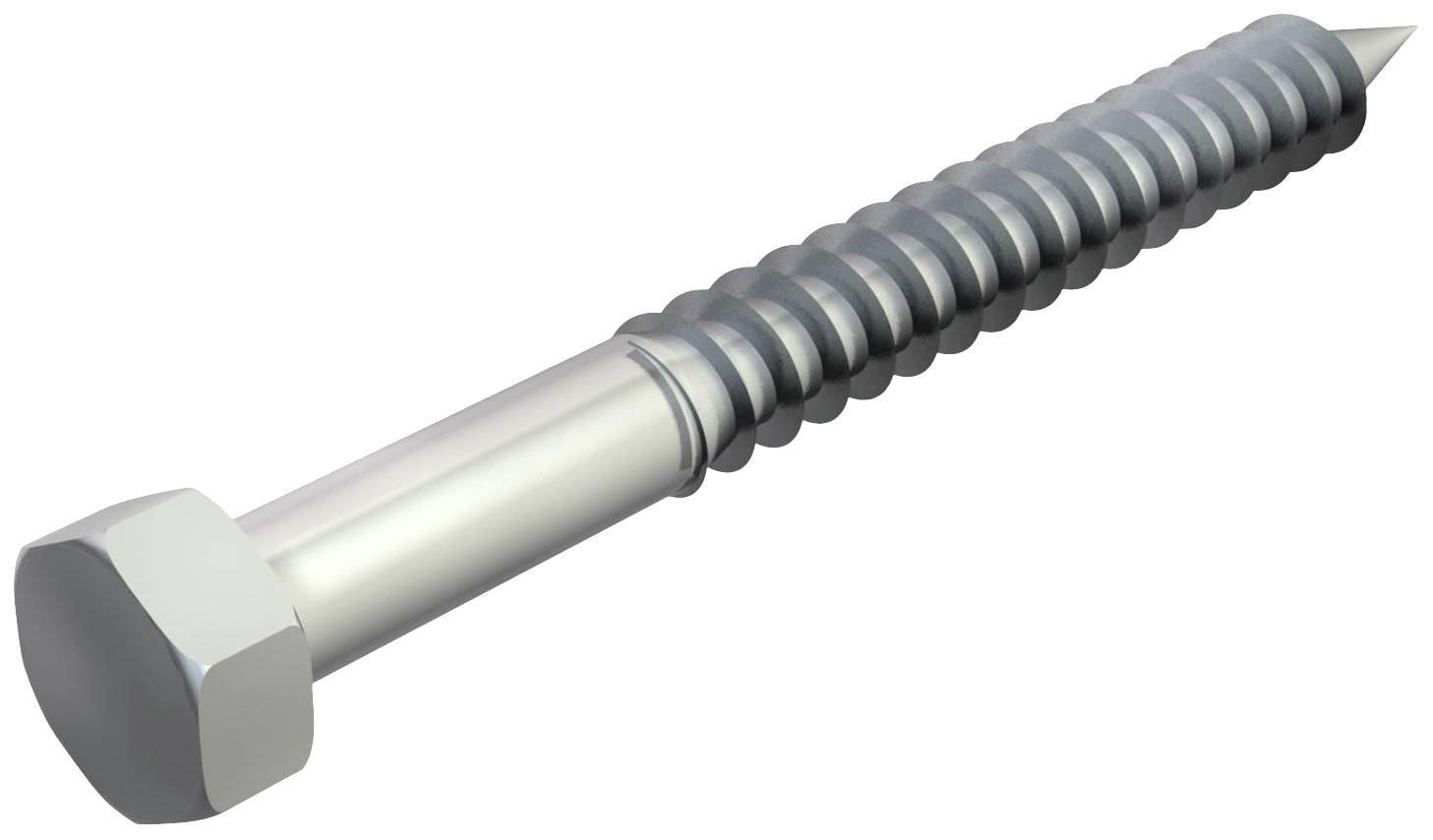 Eine silberne Schraube mit sechskantigem Kopf und spitzem Ende, geeignet für das Befestigen von Materialien in Bauprojekten.