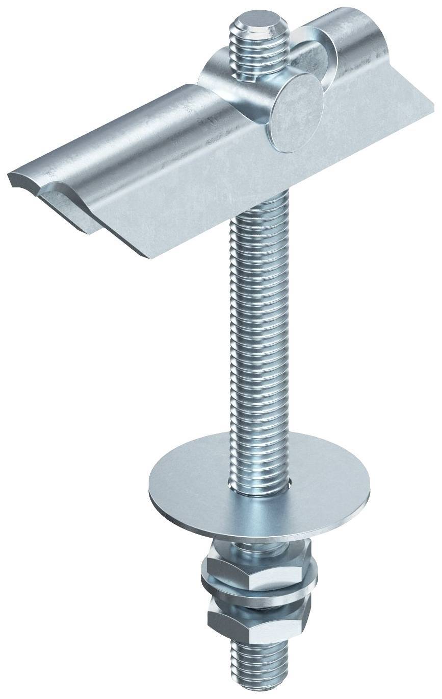 Metallbefestigungselement mit Schraube, Unterlegscheibe und Muttern, verwendet zur sicheren Montage von Objekten an Oberflächen.