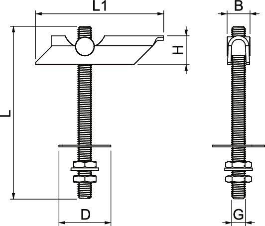 Technische Zeichnung einer Befestigungsbefestigung mit Maßen L, L1, H, B, D und G, zeigt Schraube und Halterungskomponenten in Vorder- und Seitenansicht.
