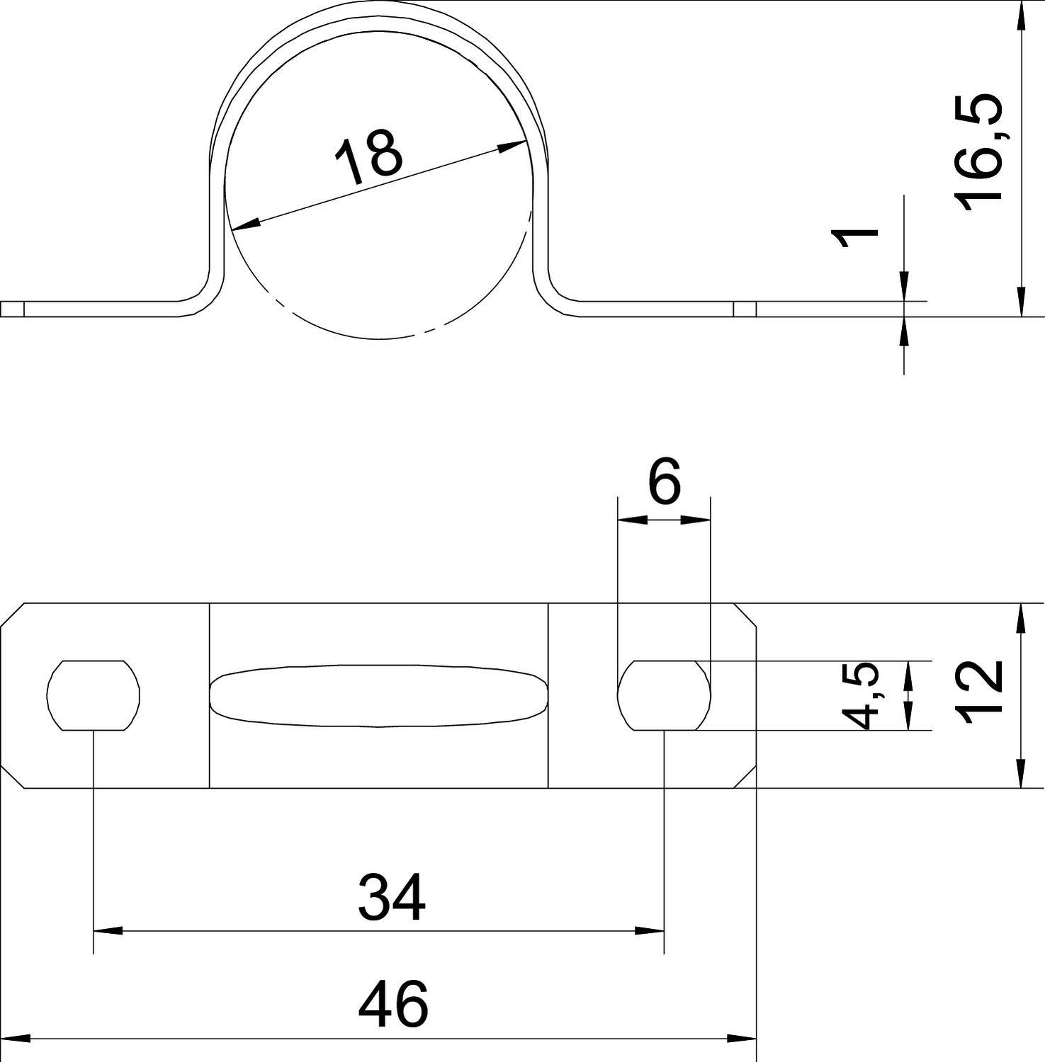 Technische Zeichnung einer Metallhalterung mit Bemaßungen: Länge 46 mm, Breite 12 mm, Höhe 16,5 mm. Schraubenlöcher links und rechts.