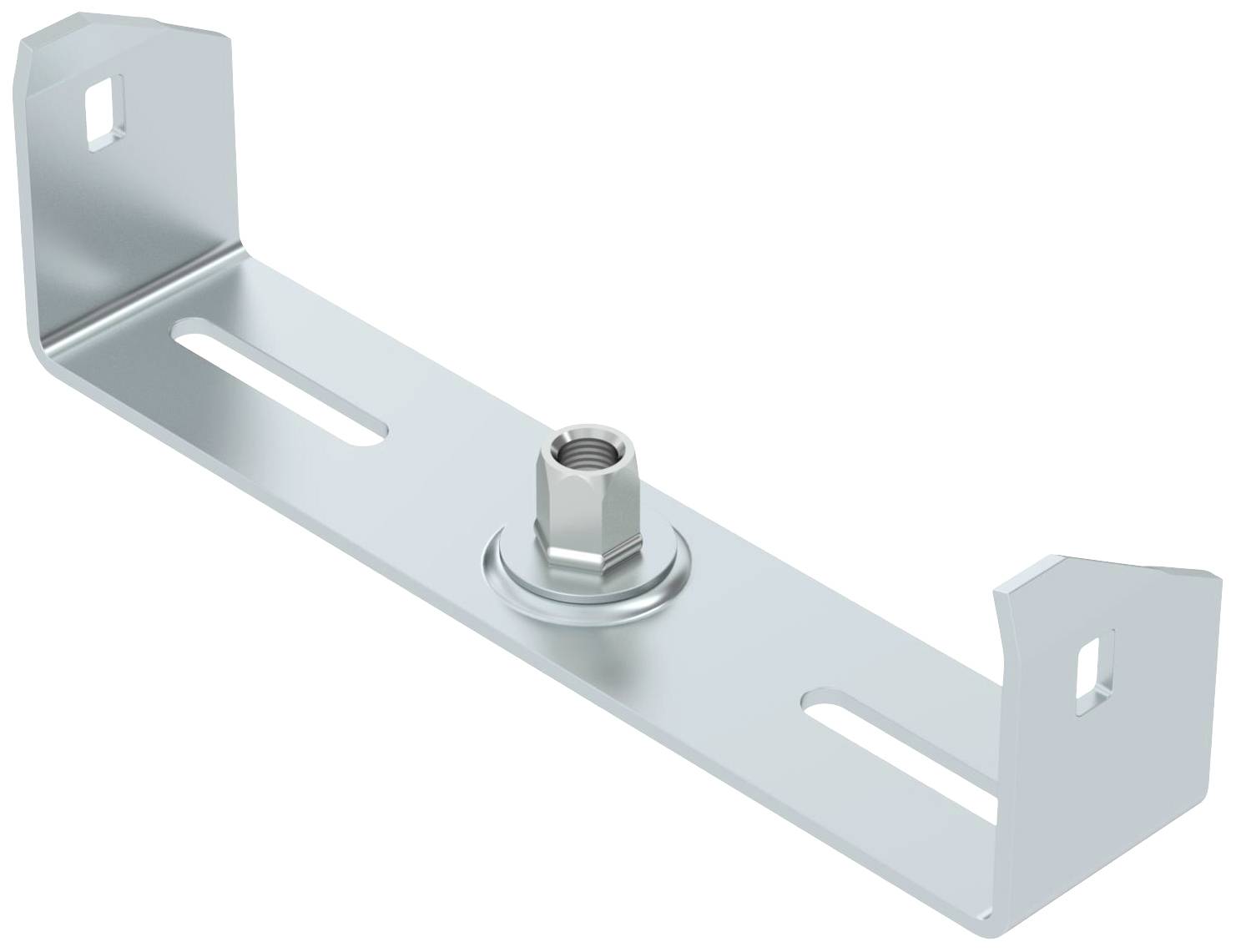 Metallwinkelhalterung mit zwei Schlitzen und einer zentralen Schraube auf einer glatten Oberfläche.