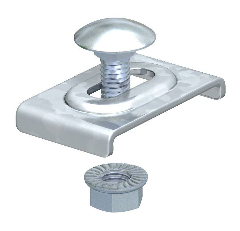 Eine silberne Metallschraube mit quadratischer Unterlegscheibe und dazugehöriger Mutter, geeignet zur Befestigung von Gegenständen.